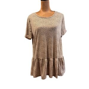 Gaze Peplum Top Women L Tan Leopard Animal Print Short Sleeve Ruffle Hobo Casual
